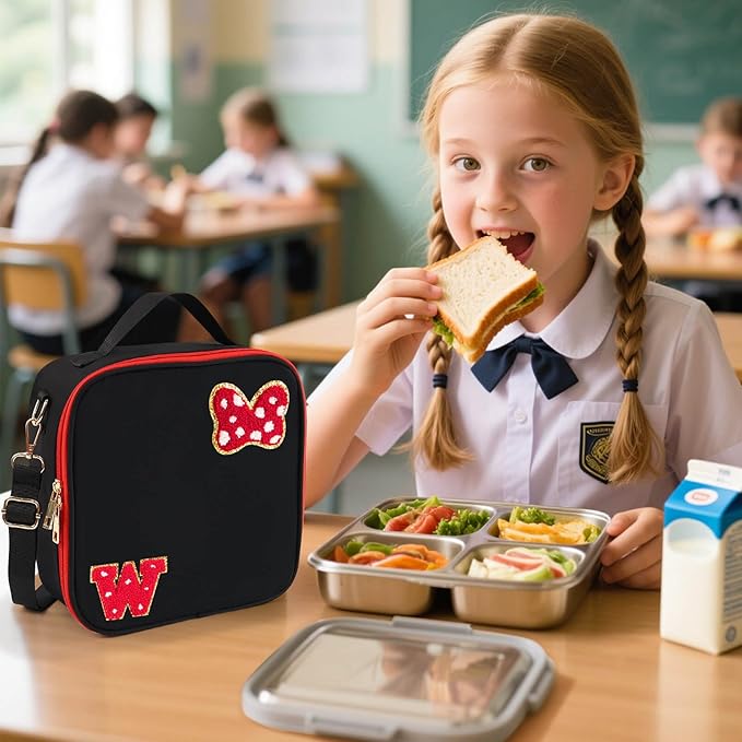 Preppy Initial Bow Mouse Lunch Bag, Kids Insulated Lunch Box Gifts for Teen Girls Daughter, Reusable Soft Lunch Containers Crossbody Cooler Bag Must Haves for Park Travel School Work Picnic Black W