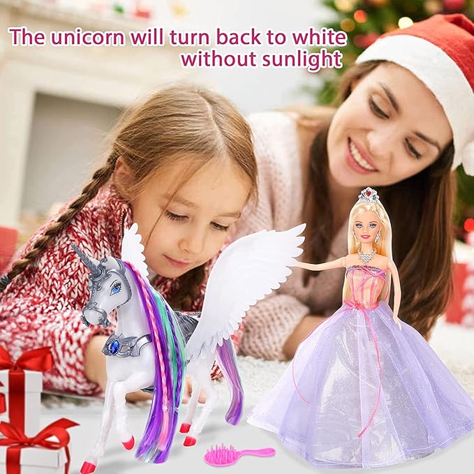BETTINA Color Change Unicorn and Fairy Tale Princess Doll, W/Mane Brush, Girls' Unicorn Doll Toys Gifts, Presents for Girl Kids Aged 3+, Rainbow Braided Hair Horse Princess