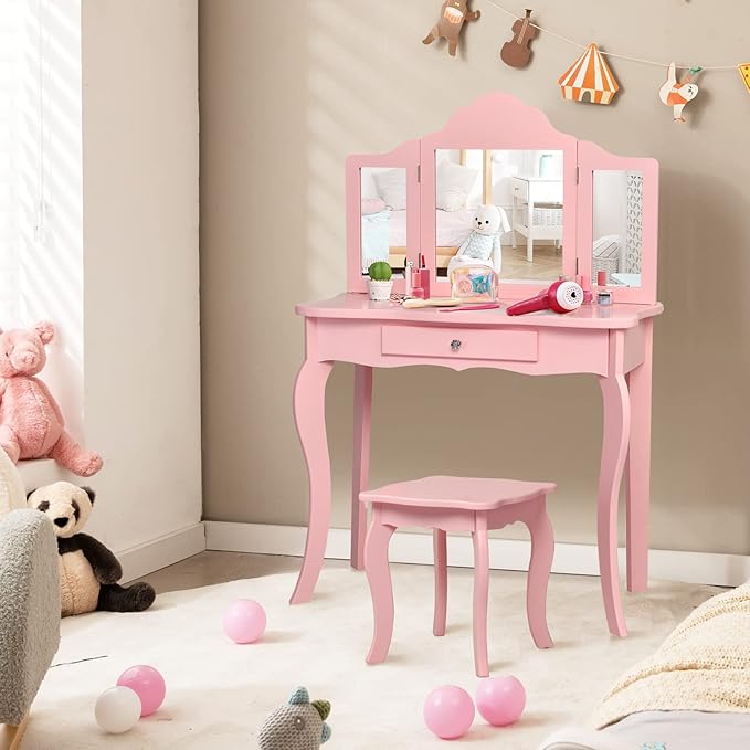 HONEY JOY Kids Vanity Set with Mirror, 2-in-1 Wooden Toddler Vanity Table with Stool, Tri-Folding Mirror & Drawer, Removable Top, Princess Pretend Play Beauty Makeup Vanity for Little Girls (Pink)