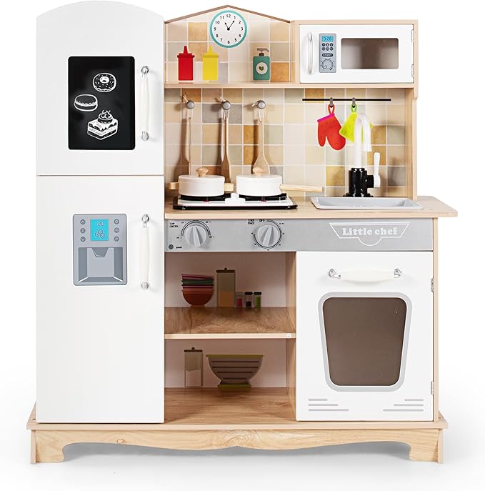 HONEY JOY Kids Kitchen Playset, Wooden Pretend Play Kitchen for Toddlers, Microwave, Faucet, Stove w/Lights, Blackboard, Storage Cabinet, Little Chef Toy Kitchen Set, Gift for Boys Girls 3+, Natural