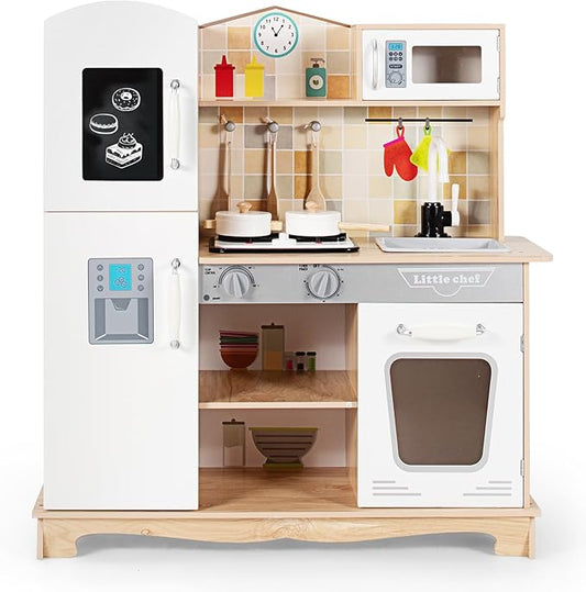 HONEY JOY Kids Kitchen Playset, Wooden Pretend Play Kitchen for Toddlers, Microwave, Faucet, Stove w/Lights, Blackboard, Storage Cabinet, Little Chef Toy Kitchen Set, Gift for Boys Girls 3+, Natural