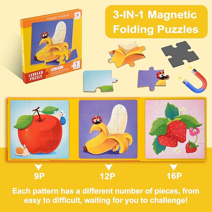 ASTARON Magnetic Puzzles for Toddlers, 9-12-16 Pieces Fruits Learning Magnet Puzzles for Road Trip, Educational Travel Toys Car Plane Activities for Kids, Kids Birthday Gifts
