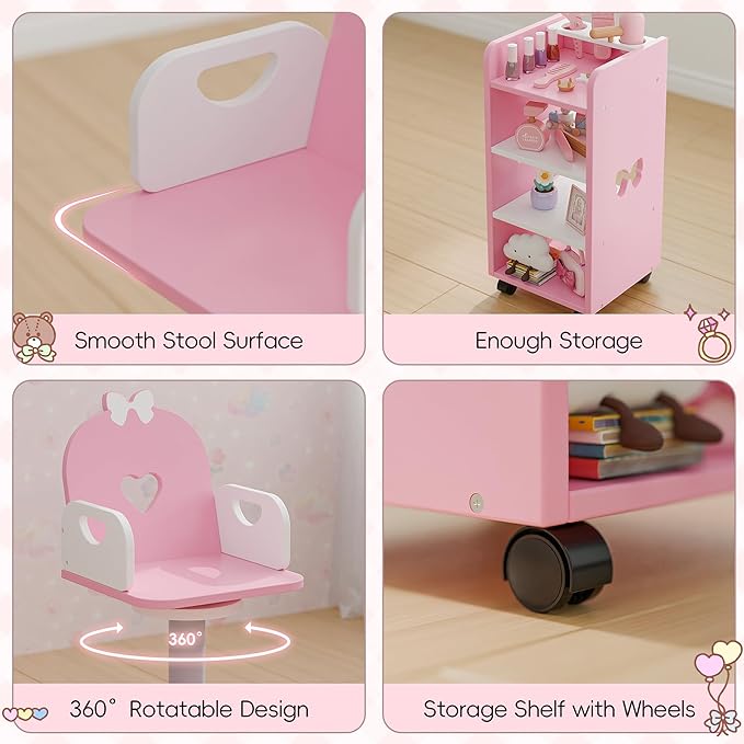 Kids Vanity Set with Light and Barber Chair, Pink Makeup Dressing Vanity Table with Storage Shelf and Hair Salon Play Set 7 pcs Accessories, Pretend Play Vanity Set for Toddler Girls