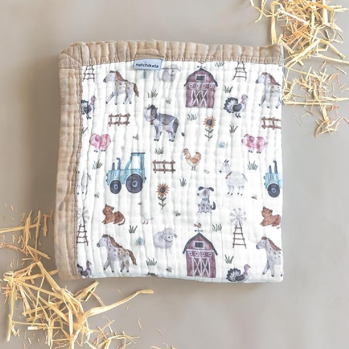 Organic Cotton Muslin Baby Blanket for Boys and Girls - Luxurious Soft Toddler Quilt for Swaddling - Gender Neutral Blanket - Baby and Toddler Gift - Farm