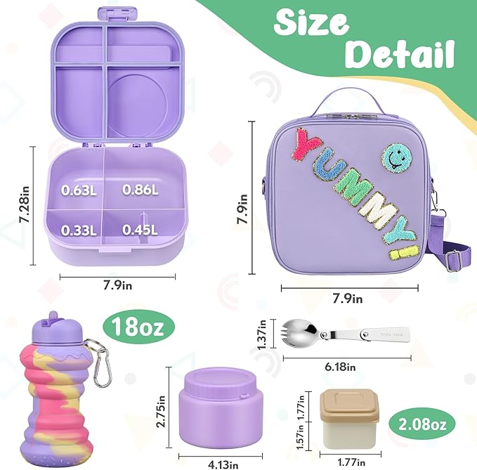 Kids Bento Lunch Box with 12oz Soup Thermo, Kids Leakproof Lunch Food Container with 4 Compartments, Insulated Lunch Bag & Water Cup for Girls Boys to School Travel