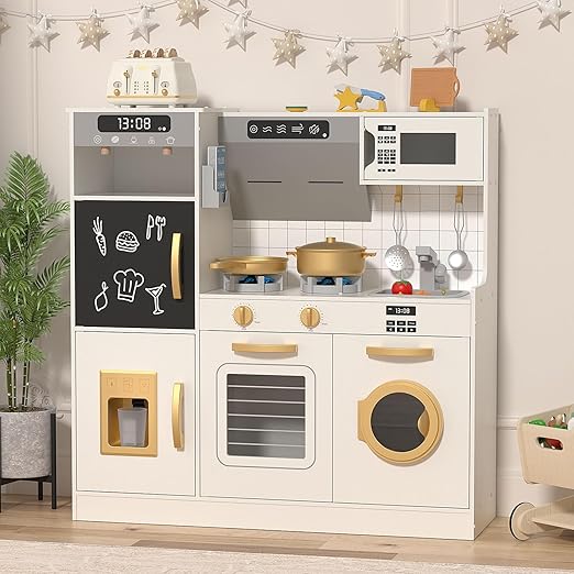 BIERUM Play Kitchen - Kids Kitchen Playset with Realistic Lights & Sounds, 28 Pcs Toy Food & Cookware Accessories, Plenty of Play Features, Idea Gift for Boys and Girls Ages 3+