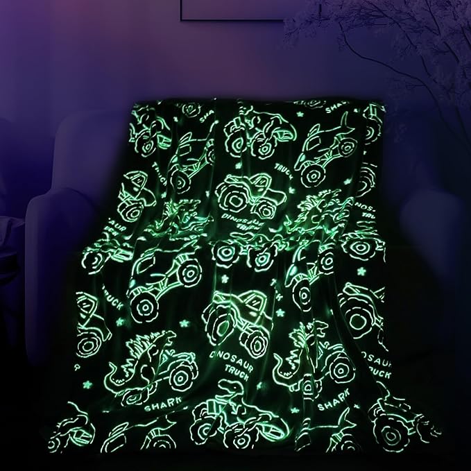 Wesan Dinosaur Glow in The Dark Blanket Boys Dino Toys Kids Shark Truck Toy for Teens Children Birthday Easter Gift Fun Fluffy Plush Throw Gray 50"x60"