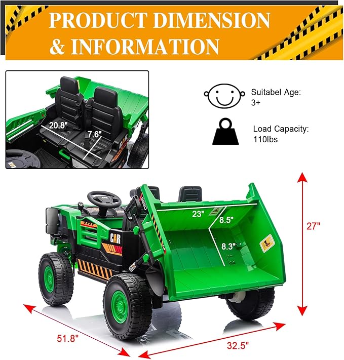 24V 4WD 2-Seater XL Kids Ride on Truck Electric Toy Car with Electric Dump Bed, Parents Remote Control Kids Car Tractor Toys Ride-on Dump Truck for Boys and Girls Ages 3+, Geen