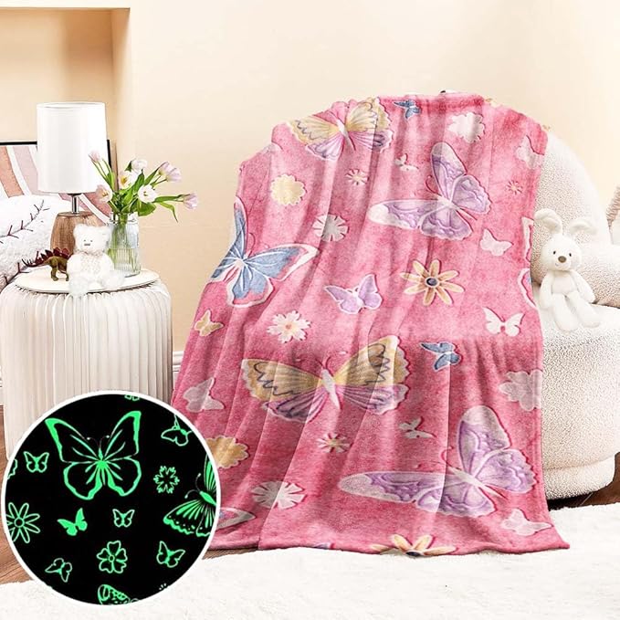 Wajade Glow in The Dark Butterfly Blanket for Girls, Soft Cozy Flannel Kids Throw Blanket for Boys and Girls, Cute Kids Blanket for Sofa Couch Bed, Christmas Birthday Gift 50"x60"