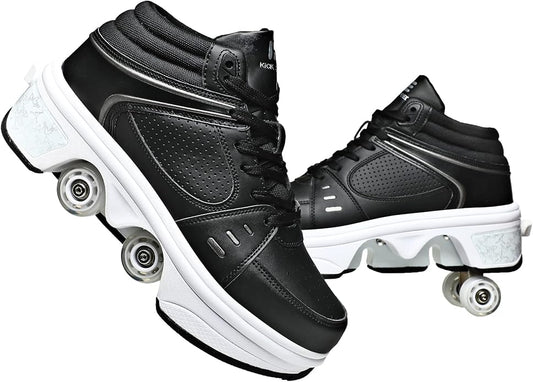 2-in-1 Roller Skates Shoes with Retractable 4 Wheels & Pop-Out Deformation Sneakers Outdoor Sports Skating Shoes for Girls Boys