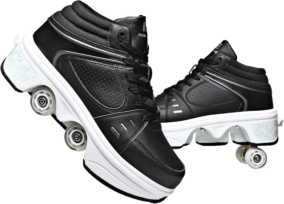 2-in-1 Roller Skates Shoes with Retractable 4 Wheels & Pop-Out Deformation Sneakers Outdoor Sports Skating Shoes for Girls Boys