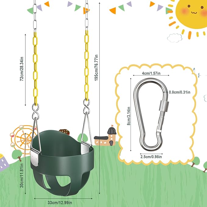 AGPTEK High Back Full Bucket Toddler Swing Seat Infant Swing with Yellow Coated Swing Chains and Carabiners Baby Swing Outdoor for Easy Install(Green)
