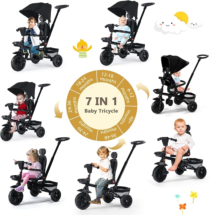 Kinder King Kids Tricycle, 7 in 1 Folding Toddler Trike w/Adjustable Push Handle, Rotatable Seat, Adjustable Canopy, Safety Harness, Storage, Toddler Stroller Bike for Age 6 Months+,Black