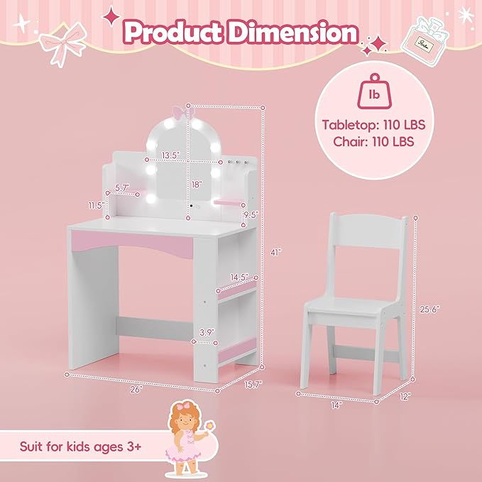 MU Kids Vanity with Lights, Princess Makeup Vanity Table and Chair Set for Girls, Toddler Vanity Desk with Open Bookshelf, Storage Cabinet & Shelves, Stools, White