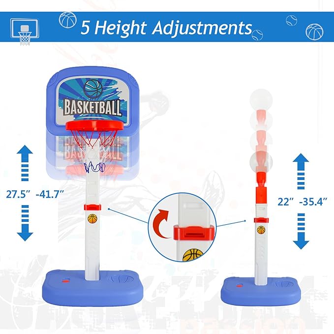 2 in 1 Toddler Basketball Set with Automatic Pitching Machine, Adjustable Height, Bathtub Hoop for Indoor/Outdoor Play, Blue