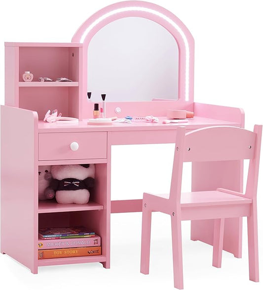 Kids Princess Vanity Set with Drawer, Storage Shelves & Lighted Mirror, 2 in 1 Toddler Makeup Vanity with Stool for Little Girls (Pink)