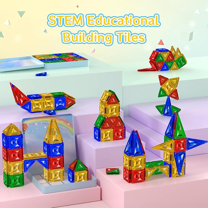 60pcs Mini Magnetic Tiles for Kids Ages 3-8,Travel Magnetic Building Blocks with Metal Storage Box, STEM Educational Toys, Montessori Sensory Learning Toys for Toddlers, Boys & Girls Christmas Gift