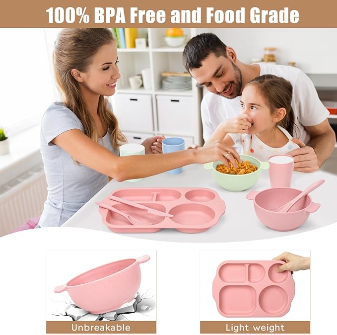 24 PCS Wheat Straw Dinnerware Set for Kids Toddler Plate Bowl Cup Sets Unbreakable BPA-Free Tableware Set with Divided Plate Microwave Dishwasher Safe Perfect for Home School Picnics