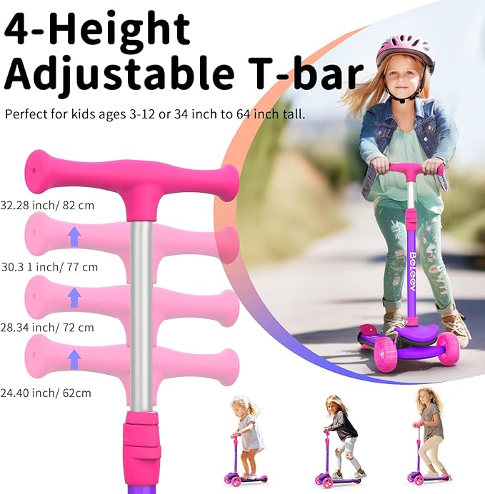 BELEEV A8 Scooter for Kids Ages 3-12, 3 Wheel Folding Scooter for Toddlers Girls Boys, LED Light-Up Wheels, 4 Adjustable Height, Lean to Steer, Extra Wide Wheels, Three Wheel Kick Scooter for Children