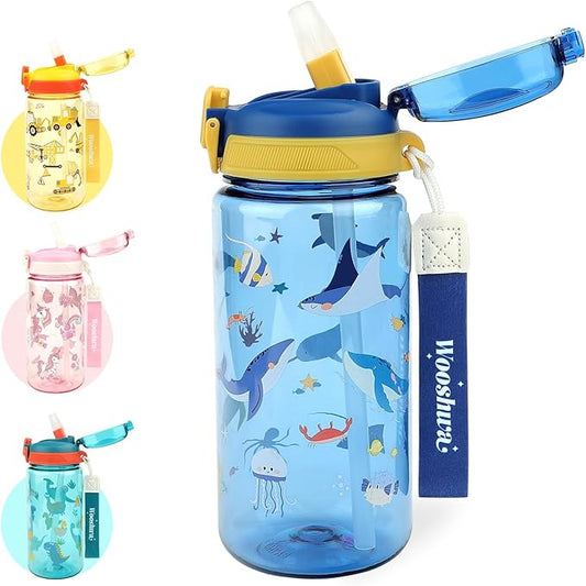 Kids Water Bottle for School or Travel, 20 Oz Durable Plastic Water Bottle with Silicone Straw and Pop-Up Spout Cover, BPA Free & Dishwasher Safe(Ocean Animals)