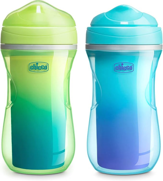 Chicco Double-Wall Insulated Sippy Cup with Bite-Proof Rim Spout and Spill-Free Lid 9oz. | Top-Rack Dishwasher Safe | Easy to Hold Ergonomic Indents | Green/Teal Ombre, 2pk | 12+ months