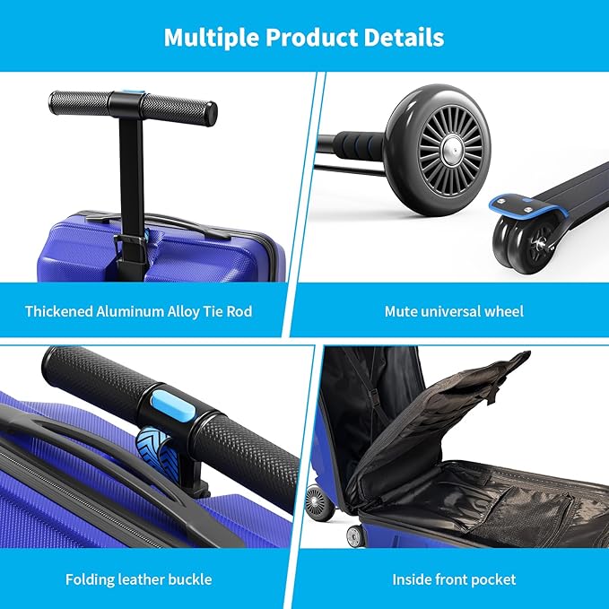 Scooter Suitcase 3-D Hardshell Ride Scooter Luggage for Kids Age 7-15, Cute Lightweight Kids Luggage with Wheels, Girls&Boys Multifunctional Ride On Travel Trolley Scooter Combo-Blue