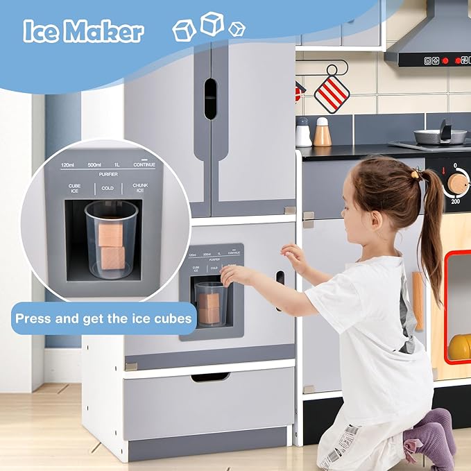 Costzon 2-Piece Play Kitchen, Wooden Toy Kitchen Set with Refrigerator, Ice Maker, Range Hood, Pretend Oven, Kids Kitchen Playset with Sounds & Lights, Gift for Ages 3+