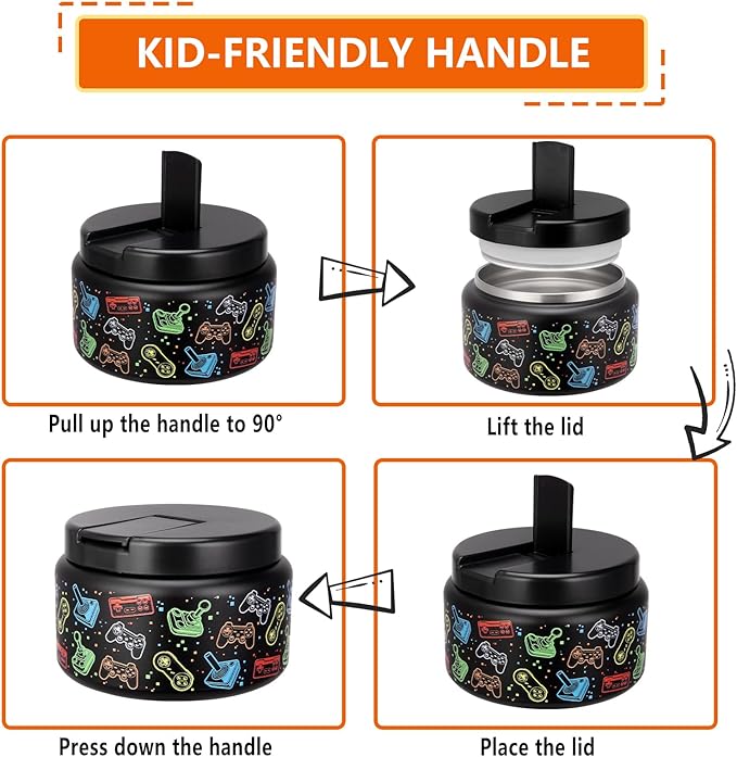 13.5oz Kids Soup Jar for Hot Food Vacuum Insulated Food Jar with Buckle Lid, Stainless Steel Wide Mouth Leak Proof Lunch Container for School Picnic Travel (Game Black)