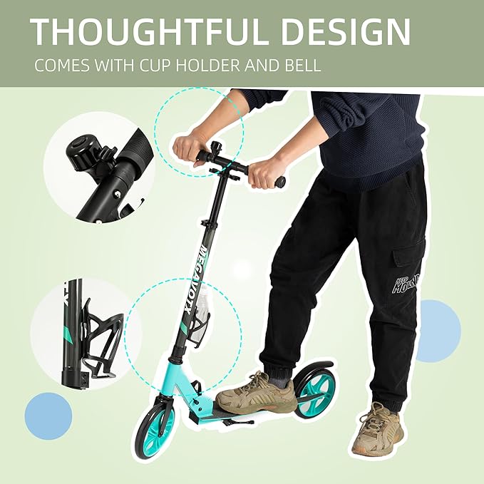 Foldable Kids Scooter with 8 inch Sturdy Wheels - Scooters for Kids, Teens, Adults Ages 8+, Adjustable Handlebar, Gift for Boys&Girls, 220lbs Max Load, Bearing ABEC7,Cup Holder
