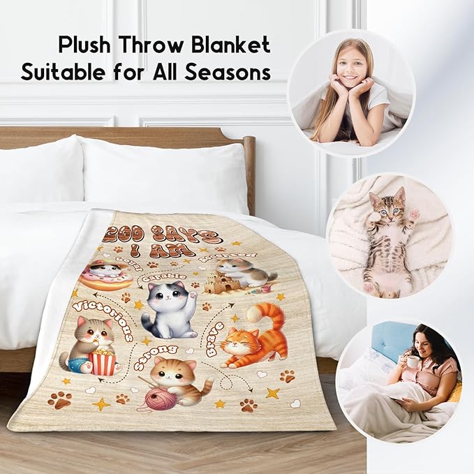 Cat Blankets for Cat Lovers, Cat Themed Gifts for Girls Boys Women Adults, Cat Blanket with Cats on It, God Says I Am Blanket for Kids Daughter Son, Fleece Throw Blankets for Couch Chair, 30"x40"
