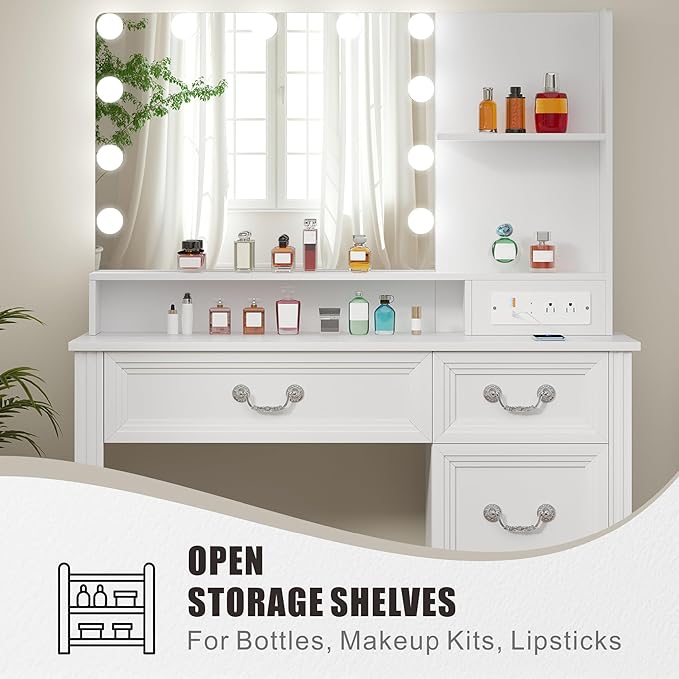 Vanity Desk with Mirror Light and Power Outlet, 39 inch Farmhouse Makeup Table Set with Stool, 3 Color Adjustable Lights Bedroom Dressing Table with 4 Drawer for Women Girls Teens, White