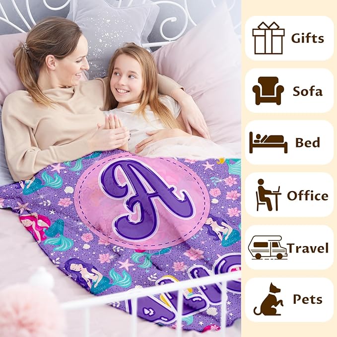 Kids Girls Blankets Gift, Personalized Mermaid Blanket with Initial Monogram Name for Kids Toddlers Girls Age 6-8, Soft Cozy Flannel Throw for Sofa Bed Couch Decor