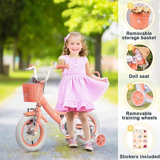 Glerc Maggie Girls Bike, 12-20 Inch Kids Bike for 2-13 Years Old Children, Princess Style Kids Bicycle with Doll-Seat & Basket & Training Wheels, Multiple Colors
