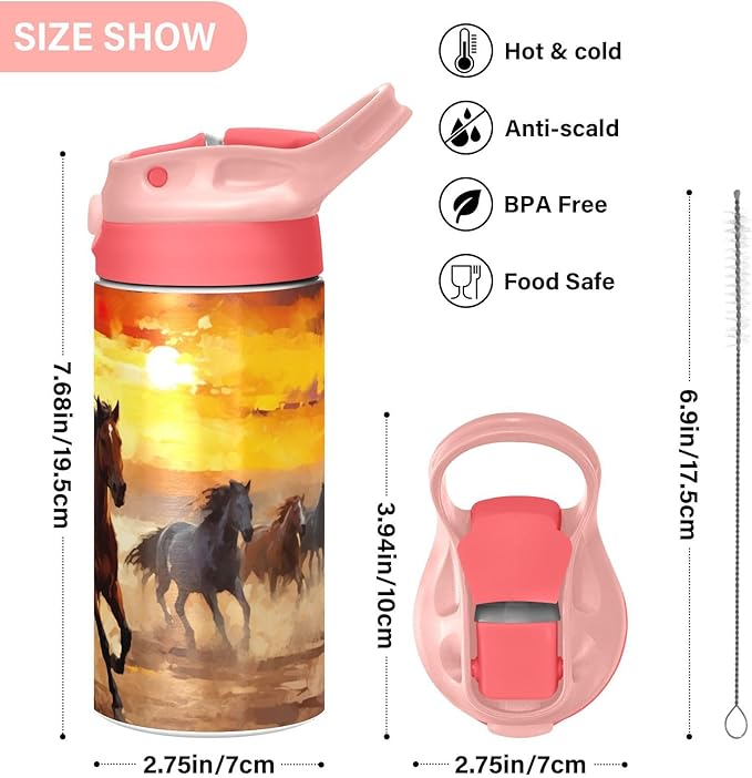 Kigai Black & White Cow Print Kids Water Bottle with Straw Lid, Vacuum Insulated Stainless Steel Double Walled Leakproof Tumbler Travel Cup for Girls Boys Toddlers, 12 oz