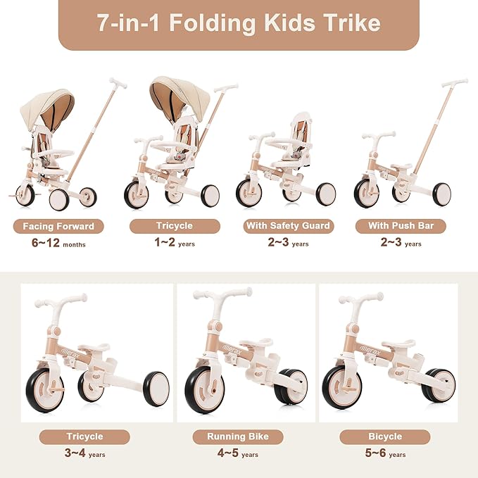 Foldable Toddler 7-in-1 Tricycle Removable Pedal, Canopy, and Guardrail Adjustable Parent Push Handle Ages 1-6 Years