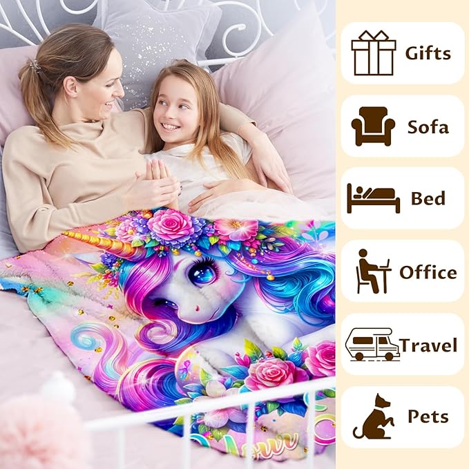 Personalized Blanket for Girls Kids Teens, 80"x60" Unicorn Throw Blanket Gifts for Girls, Custom Soft Flannel Snuggle Throws for Couch Sofa Bed Travel