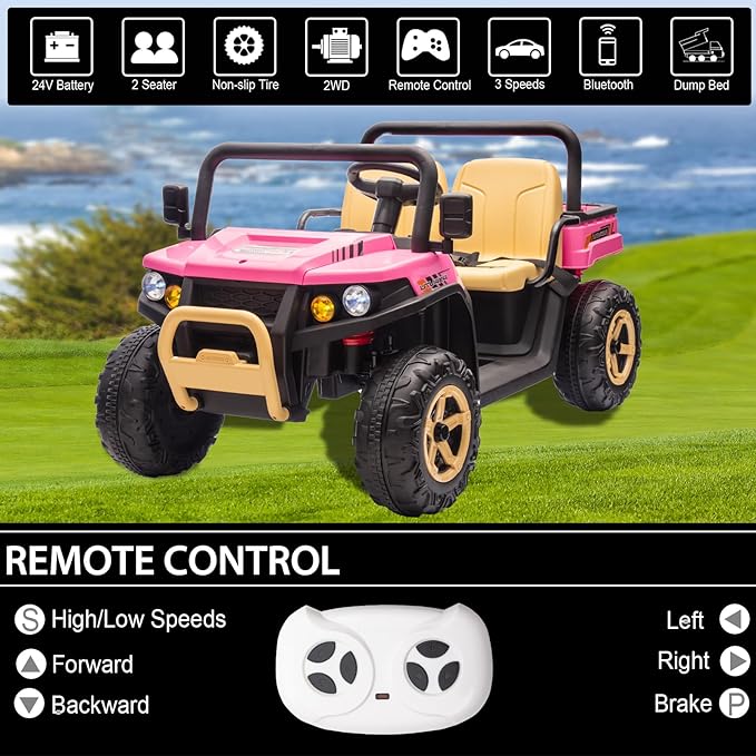 POSTACK 24V 2 Seater Electric Dump Truck for Kids, Ride on Tractor Battery Powered Electric Vehicle with Parental Remote Control, UTV for Kids to Drive w/Bluetooth, Music, Pink