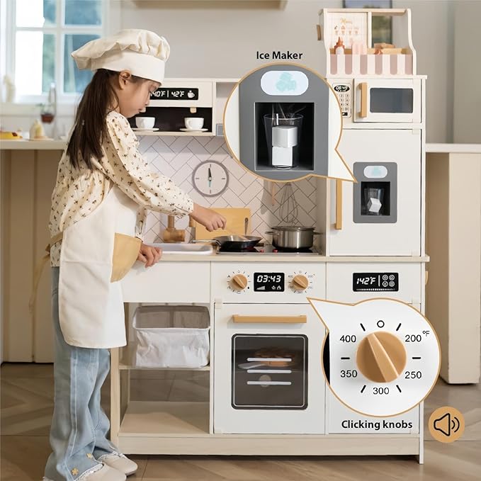 Freniland Wooden Play Kitchen, Kids Kitchen Playset with Real Light & Sound, Realistic Ice Maker,Stove Oven Chef Pretend Toy Kitchen Include 31 Accessories, Gift for Child Ages 3+ Toy Furniture