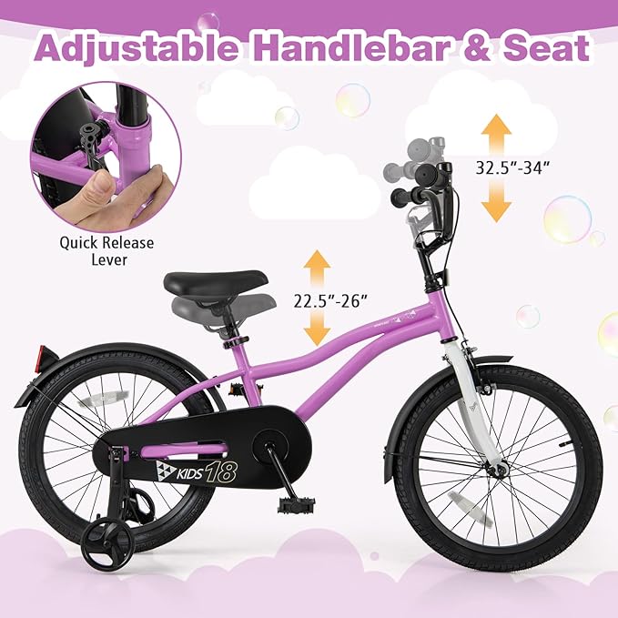 BABY JOY Kids Bike, 12 14 16 18 Inches Sporty Bicycle with Training Wheels, Adjustable Seat, Handbrake & Coaster Brake, Reflectors, Girls Boys Bike for 3-8 Years Old Children