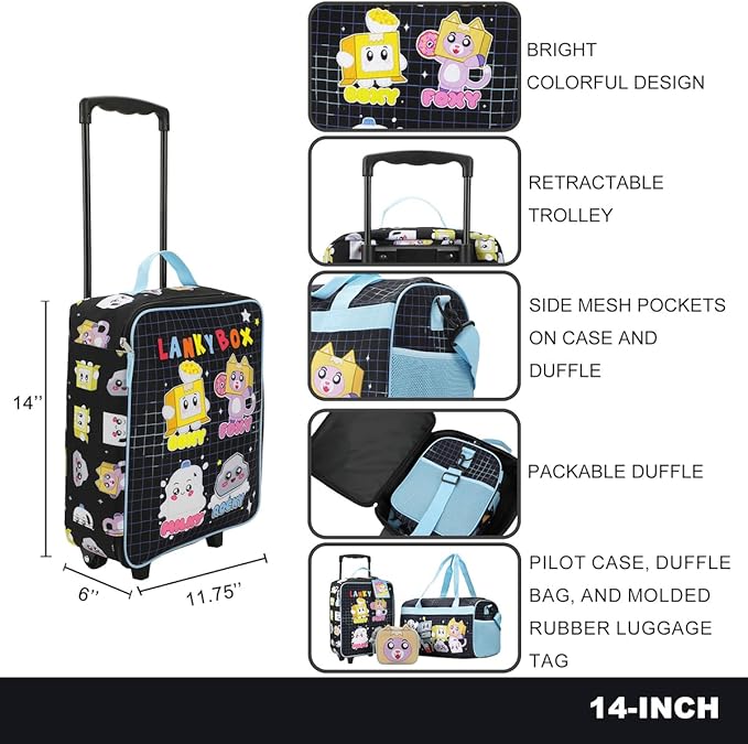 Bioworld LankyBox 4-Piece Kids' Carry On Travel Set - Officially Licensed with 14" Pilot Case, Duffle Bag, Utility Case, and Luggage Tag