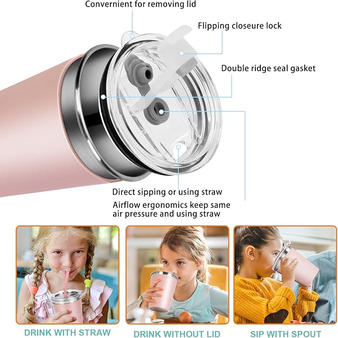 Kids Straw Cups, 6 Pack 12oz Sippy Cup With Silicone Sleeve Spill Proof, Stainless Steel Cups with Lids and Straws for Kids Girls Boys and Adults