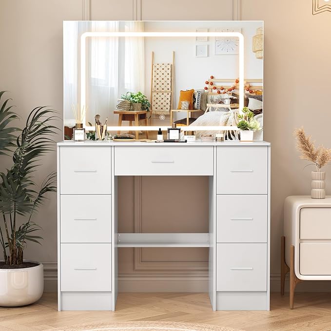 39.4''W Vanity Desk with Large Lighted LED Mirror, White Vanity Desk with Lighted Mirror, Drawers, 3-Color Adjustable Brightness, Big Makeup Vanity Desk Dressing Table for Bedroom, Girls, Women