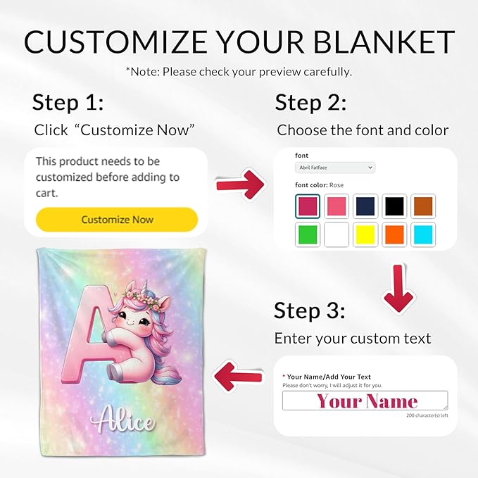 Unicorn Blanket Gifts for Girls, Custom 40 x 50 Inches Teens Monogram Blanket with Name - Personalized Cute Pink Initial Throw for Unicorn Lovers