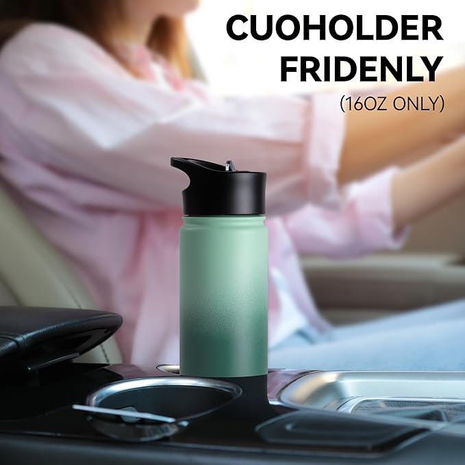 16 oz Insulated Water Bottle for School, Straw & Spout Lid, Keep Cold 24H, Spill Proof, BPA-Free, Double Wall Stainless Steel Kids Water Bottles for Sports, Gym, Travel, Green Gradient