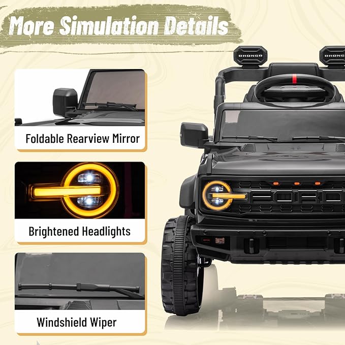 12V Ride on Toy for Kids, Ford Bronco Raptor Kids Electric Car with Parent Remote Control, Battery Powered Truck Car with 4-Wheel Suspension, LED Light, Bluetooth, 3 Speeds (12V, Black)
