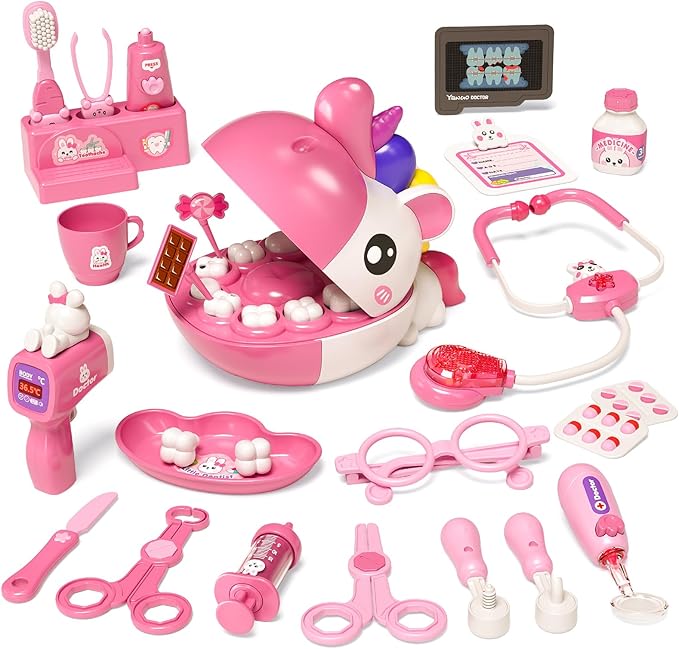 34 PCS Dentist Play Set Toys for Girls, Doctor Kit for Kids Toddlers Ages 2-4 3-5, Pretend Play Toy for Girl Age 4-6, Dentist Toy with Light & Sound, Birthday Gifts for 3 4 5 6 7 8 Year Old Girls
