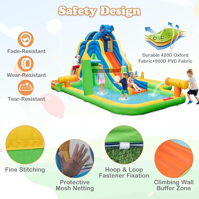 BOUNTECH Inflatable Water Slide, Elephant Surfing Slide Kids Water Park Jump Bouncy Castle w/Blower, 2 Splash Pools, Hide&Seek Cave, Outdoor Water Slides Inflatables for Big Kids Backyard Party Gifts