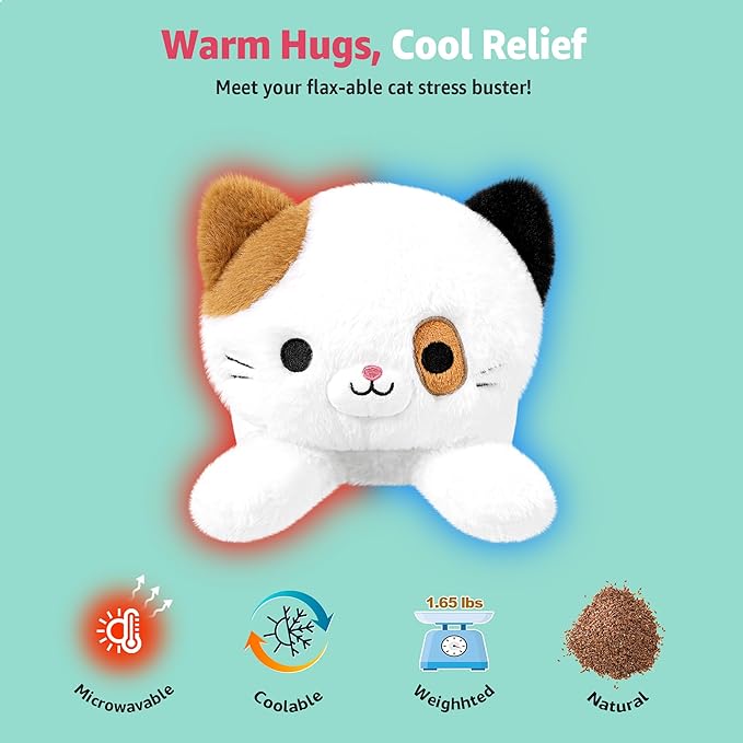 Onsoyours Original Heatable & Weighted Calico Cat Stuffed Animals, 15 inch Microwavable Kitten Plushie for Warmth & Stress Relief - Comfort Soft Plush Toys for Kids and Adults