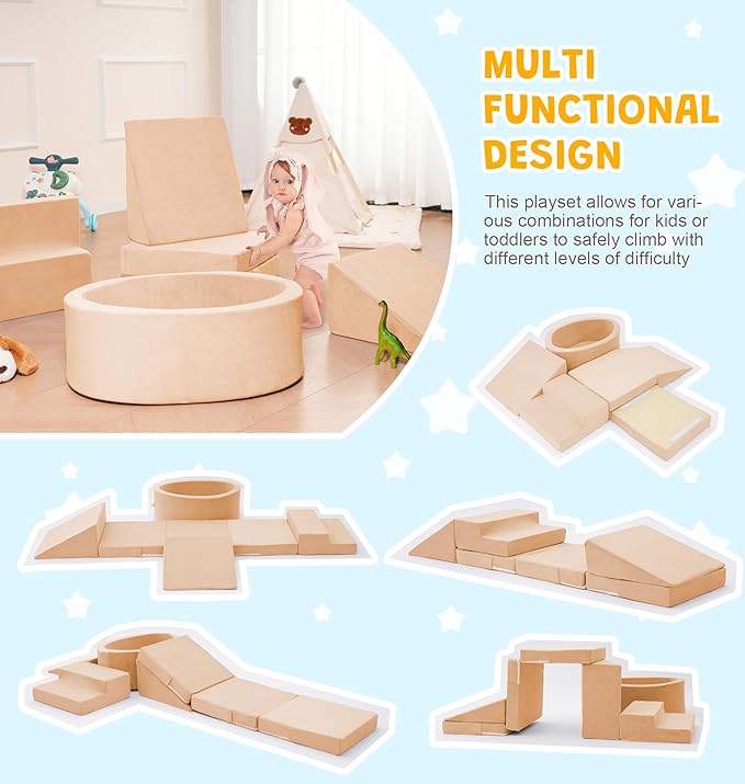 Foam Climbing Blocks with Ball Pit & Stairs for Toddlers Aged 1-3 -Soft Playset for Indoor Crawling, Foam Playground Set for Baby to Active Playing Inside -(Balls NOT Included),Beige