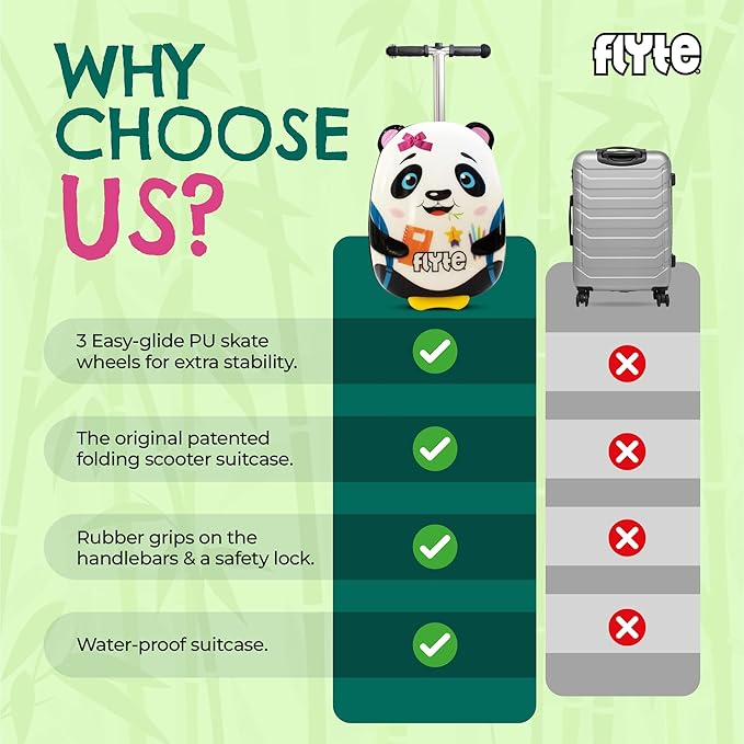 FLYTE Scooter Suitcase Folding Kids Luggage – Penni the Panda, 18 Inch Hardshell, Ride On with Wheels, 2-in-1, 25 Litre Capacity